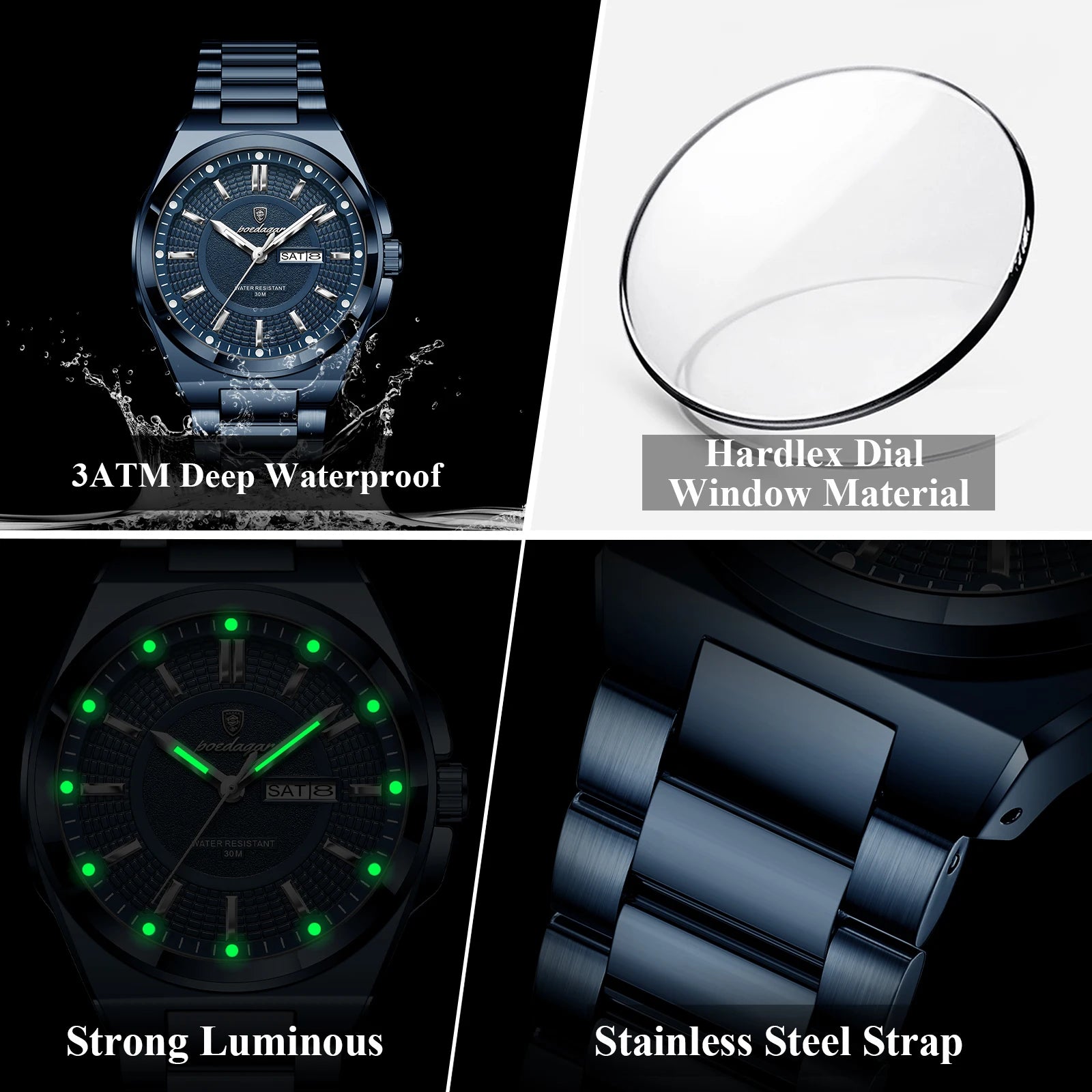 POEDAGAR Fashion Classic Men Wristwatches Stainless Steel Waterproof Luminous Man Watch Date Week Quartz Business Men's Watches