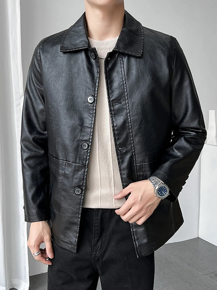 Mens Motorcycle Jacket PU Leather Coat Mid-Long Length with Notched Lapel Collar for Spring Autumn Casual Wear Windbreaker