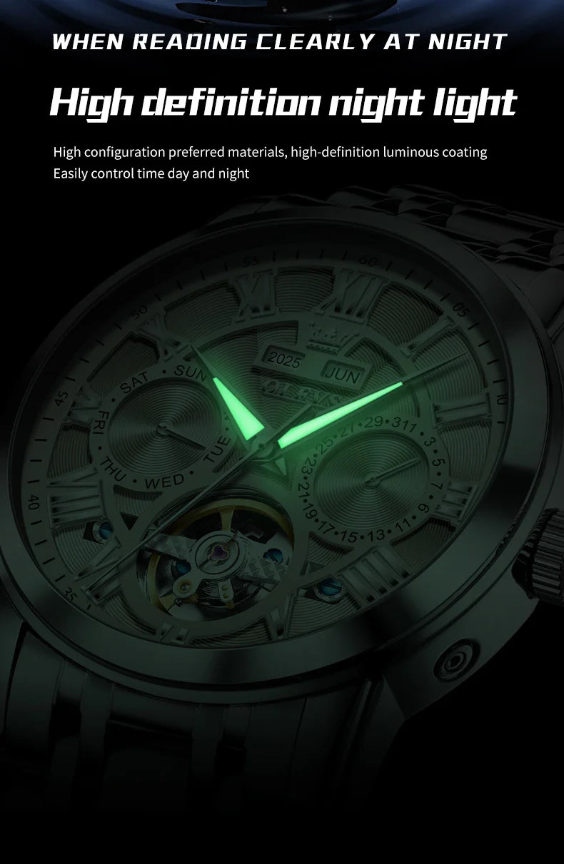OLEVS 6668 Luxury Skeleton Automatic Mechanical Men Watch Top Brand Movement Roman Scale Calendar Waterproof Business Men Watch