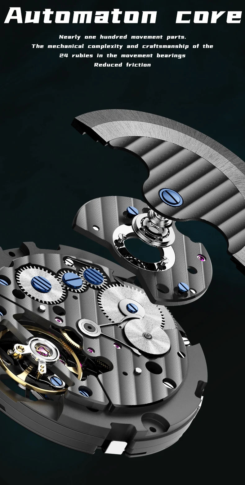 GELATU Top Brand Men's Watches Full Automatic Wristwatch for Man Hollow Mechanical Flywheel Date Week Waterproof Luminous