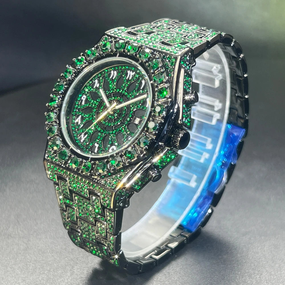 2024 Hip Hop Green Diamond Watche For Men Fashion Automatic Date Quartz Clock Dress Square Iced Jewelry WristWatch Man For Gift