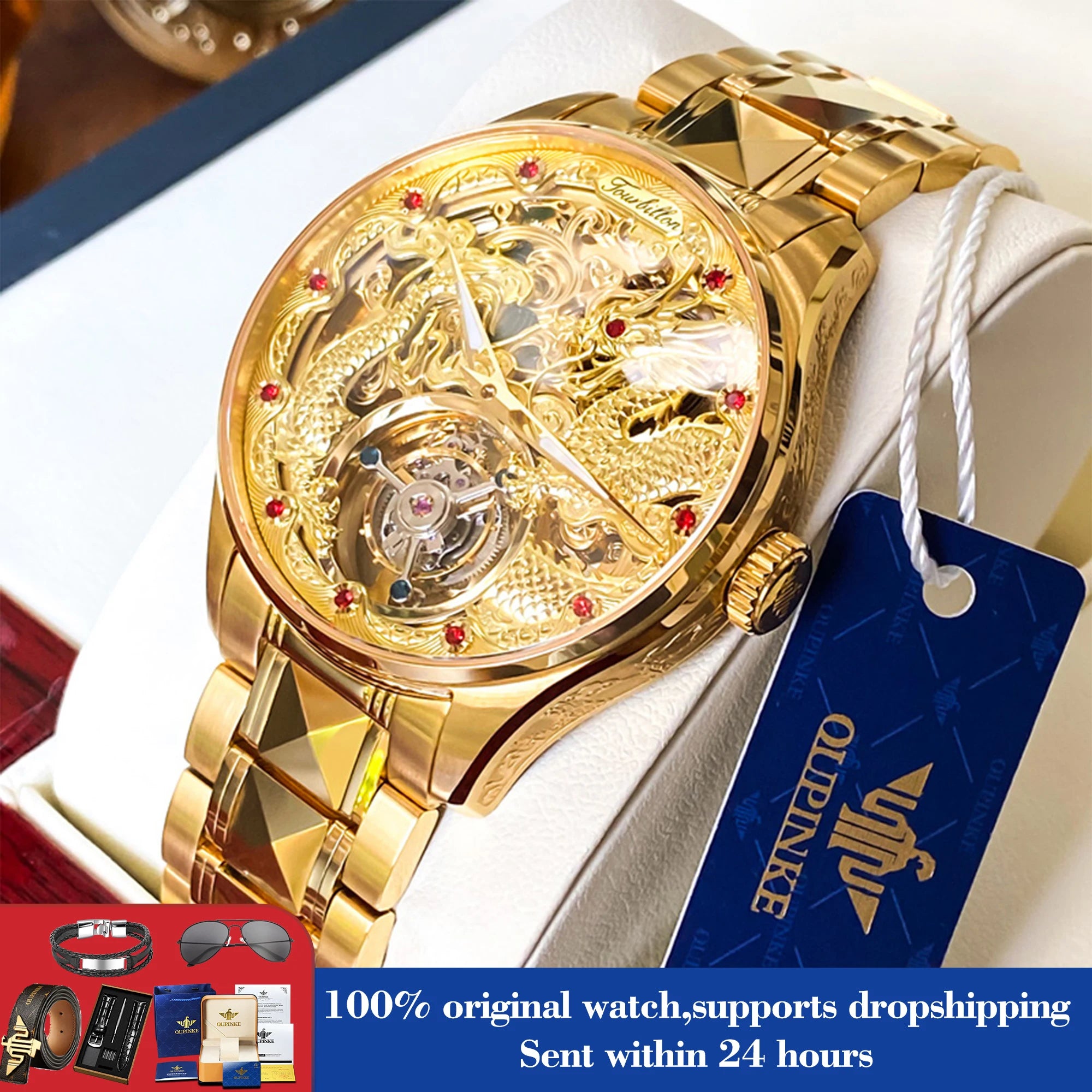 OUPINKE 3176 Automatic Watch For Men Tourbillon Dragon Dial Original Mechanical Hand Clock Deep Waterproof Business Man Watch