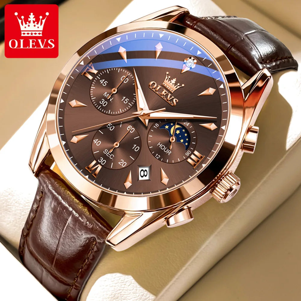 OLEVS 3609 Original Moon Phase Chronograph Man Watch Leather Strap Waterproof Luminous Luxury Brand Quartz Wrist Watches for Men