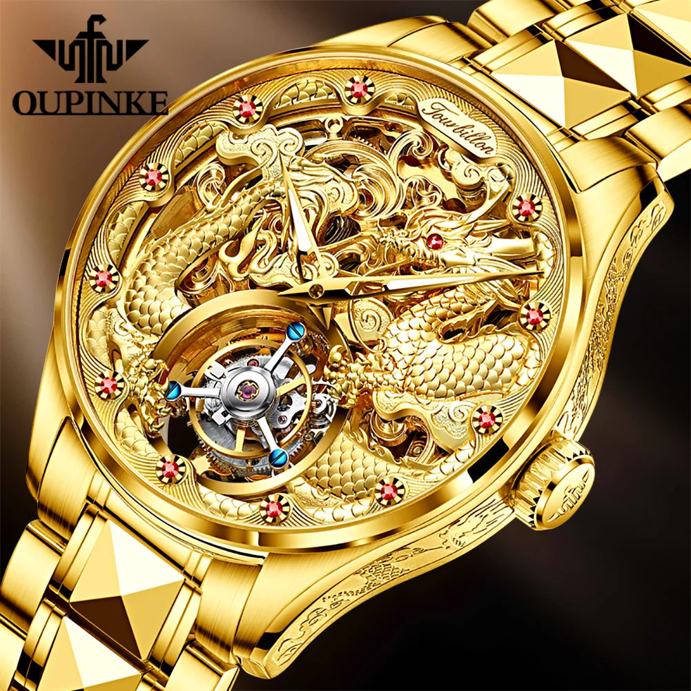 OUPINKE 3176 Top Brand Tourbillon Watch for Men Original Leather Strap Golden Dragon Design Automatic Mechanical Movement Watch