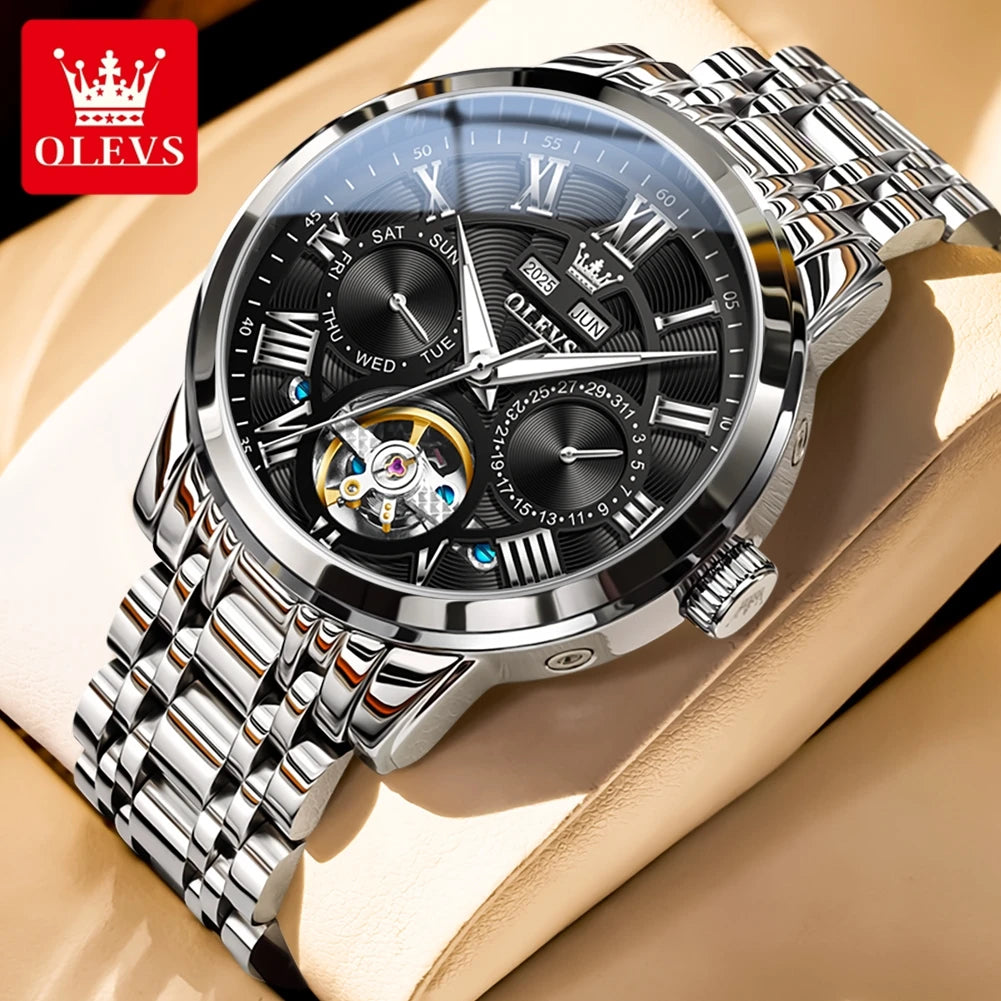 OLEVS 6668 Luxury Skeleton Automatic Mechanical Men Watch Top Brand Movement Roman Scale Calendar Waterproof Business Men Watch