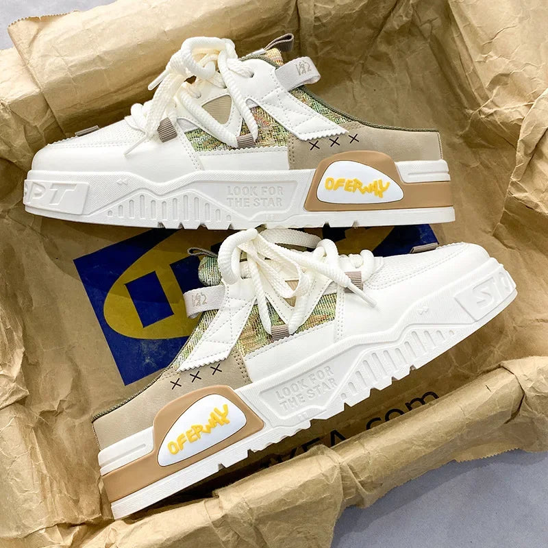 Summer Fashion Designer Men's Half Slippers Breathable Casual Thick Sole Lightweight Sneakers Outdoor Walking Flat Shoes