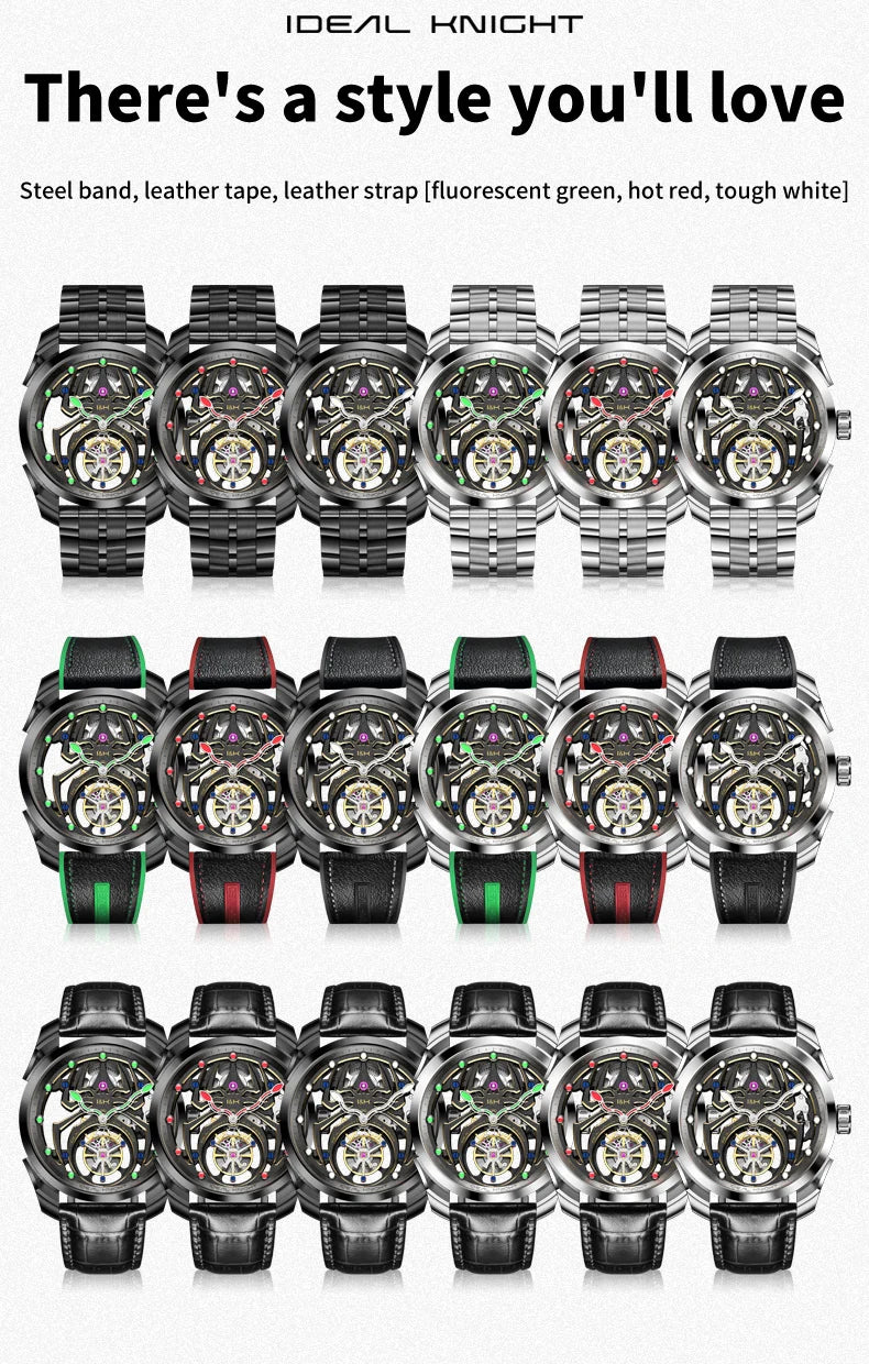 IDEAL KNIGHT 6802 Automatic Watch For Men Hollow Skeleton Mechanical Wristwatch Waterproof Tourbillon Man Watch Sapphire Mirror