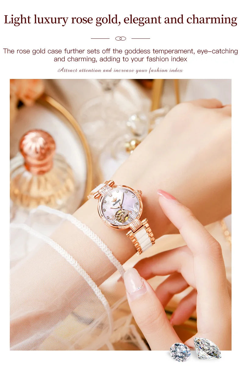 OUPINKE 3211 Women's Watch Elegant Rose Gold Diamond Ceramic Automatic Machinery Women's Watch Luxury Brand Women's Bracelet Set