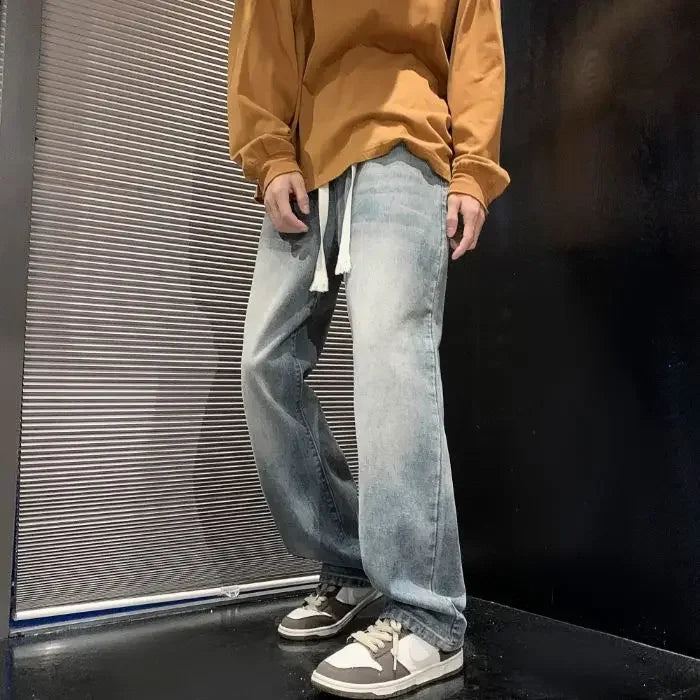 2025 New Fashion Summer Men's Denim Pants Old Blue Washed Male Brand Jeans Straight Casual Menwear Loose Wide Leg Trousers