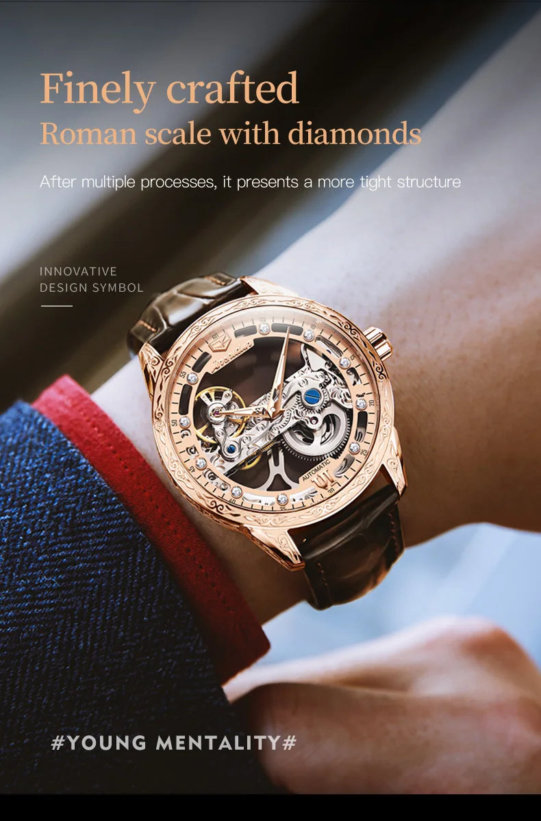 JSDUN 8917 Mens Watch Leather Strap Original Business Multifunctional Mechanical Watch﻿ Waterproof Watches For Man Gifts