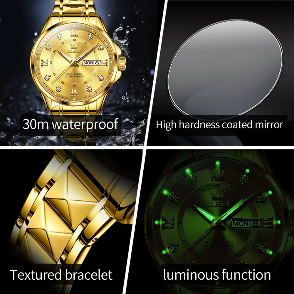 OLEVS High Quality Luxury Watches for Men Stainless Steel Dual Calendar Luminous Waterproof Quartz Fashion Business Man Watch