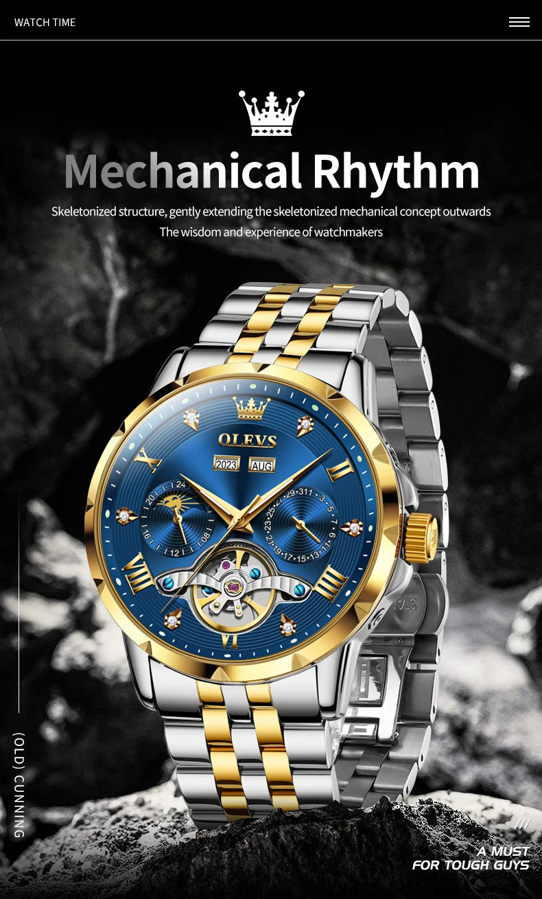 OLEVS Skeleton Multifunctional Men's Watch Automatic Mechanical Luxury Wrist Watch For Men Waterproof Stainless Steel Strap 6691