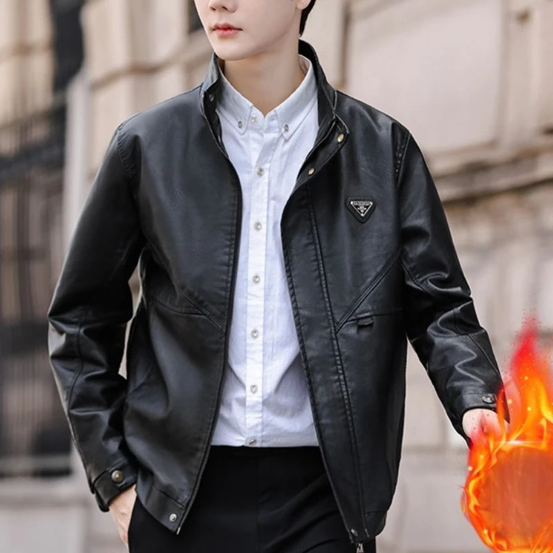 Luxury Fleece Lined Men's Faux Leather Jacket Brand Business Solid PU Leather Coat Male Autumn Winter Vintage Motorcycle Jackets