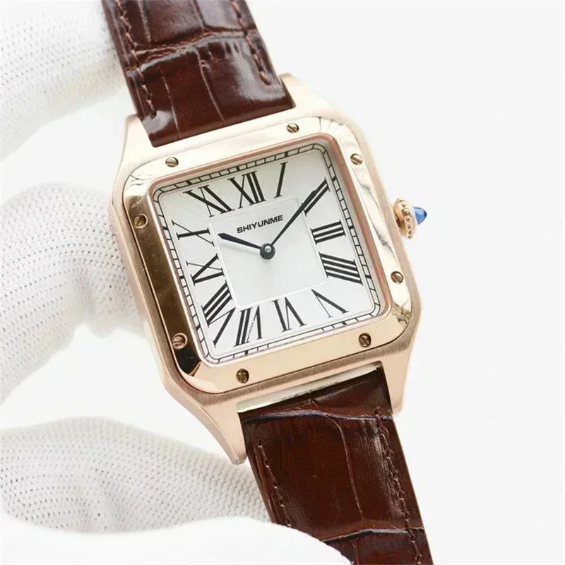 Stainless Steel Mechanical Sports Watch Square Roman Dial Black Leather High Quality Men's Automatic Watch