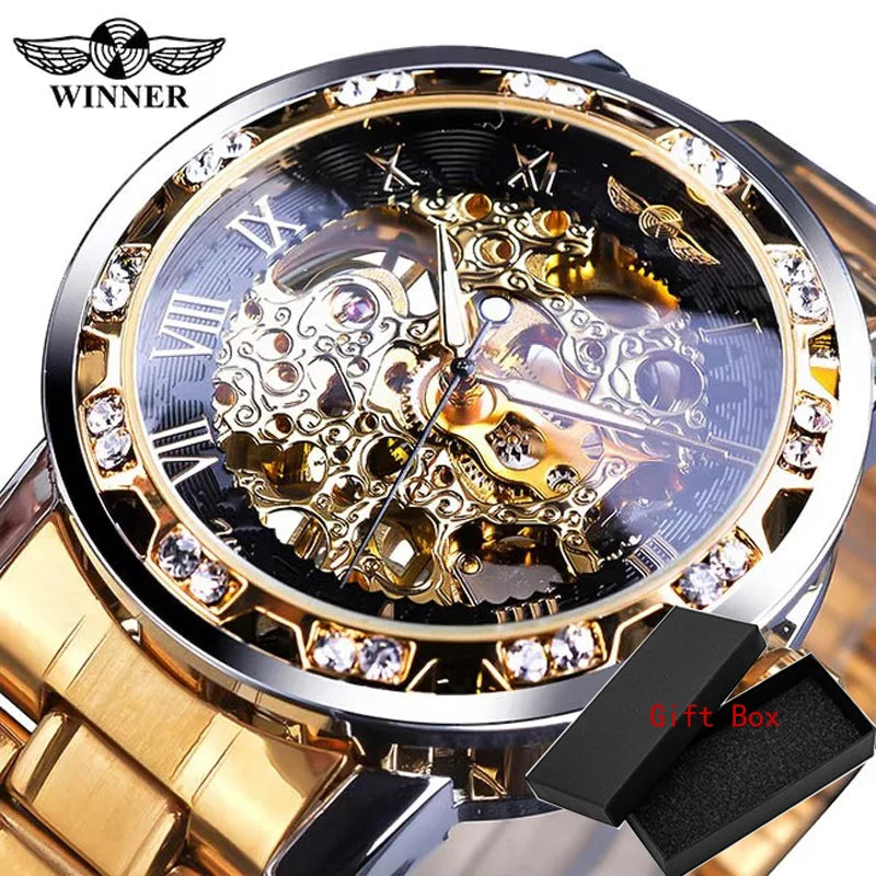Winner Transparent Fashion Diamond Luminous Gear Movement Royal Design Men Top Brand Luxury Male Mechanical Skeleton Wrist Watch