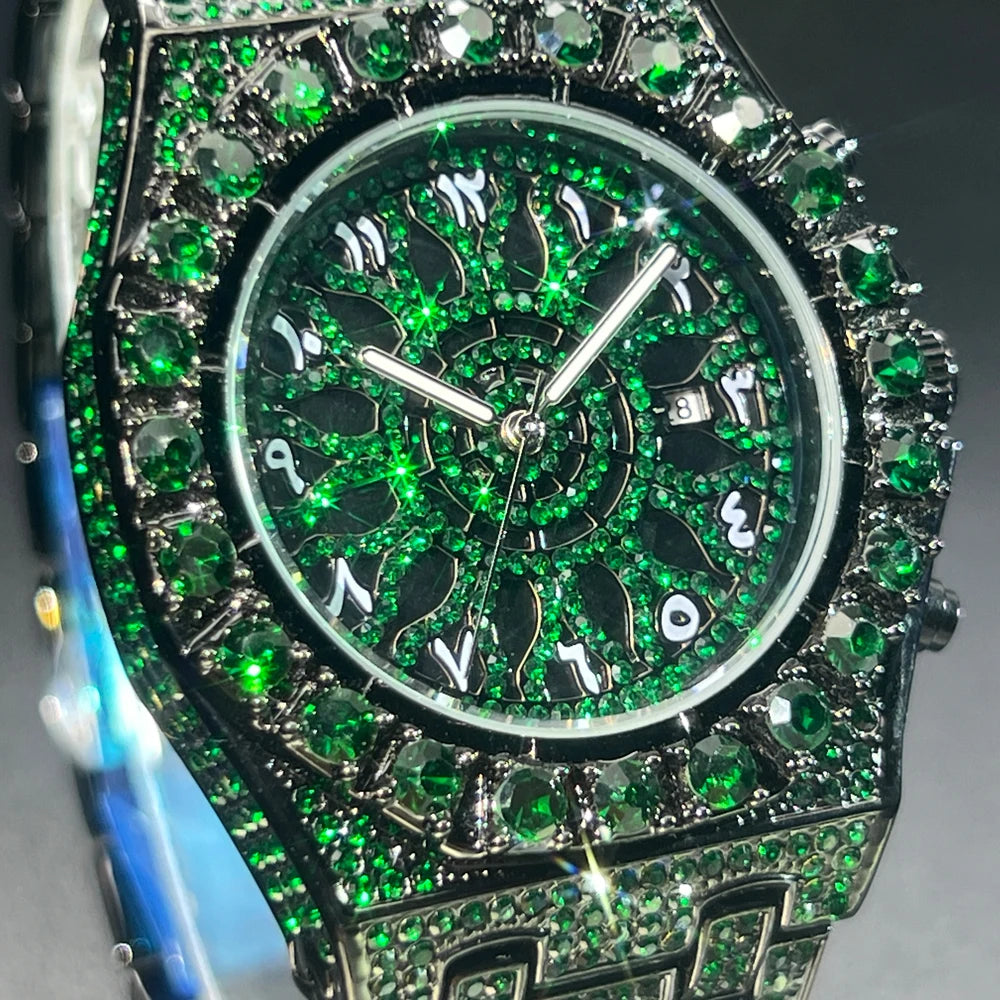 2024 Hip Hop Green Diamond Watche For Men Fashion Automatic Date Quartz Clock Dress Square Iced Jewelry WristWatch Man For Gift