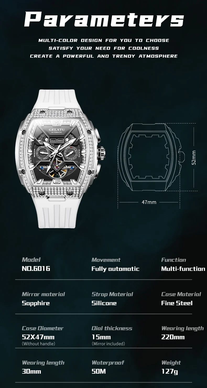 GELATU Top Brand Men's Watches Full Automatic Wristwatch for Man Hollow Mechanical Flywheel Date Week Waterproof Luminous