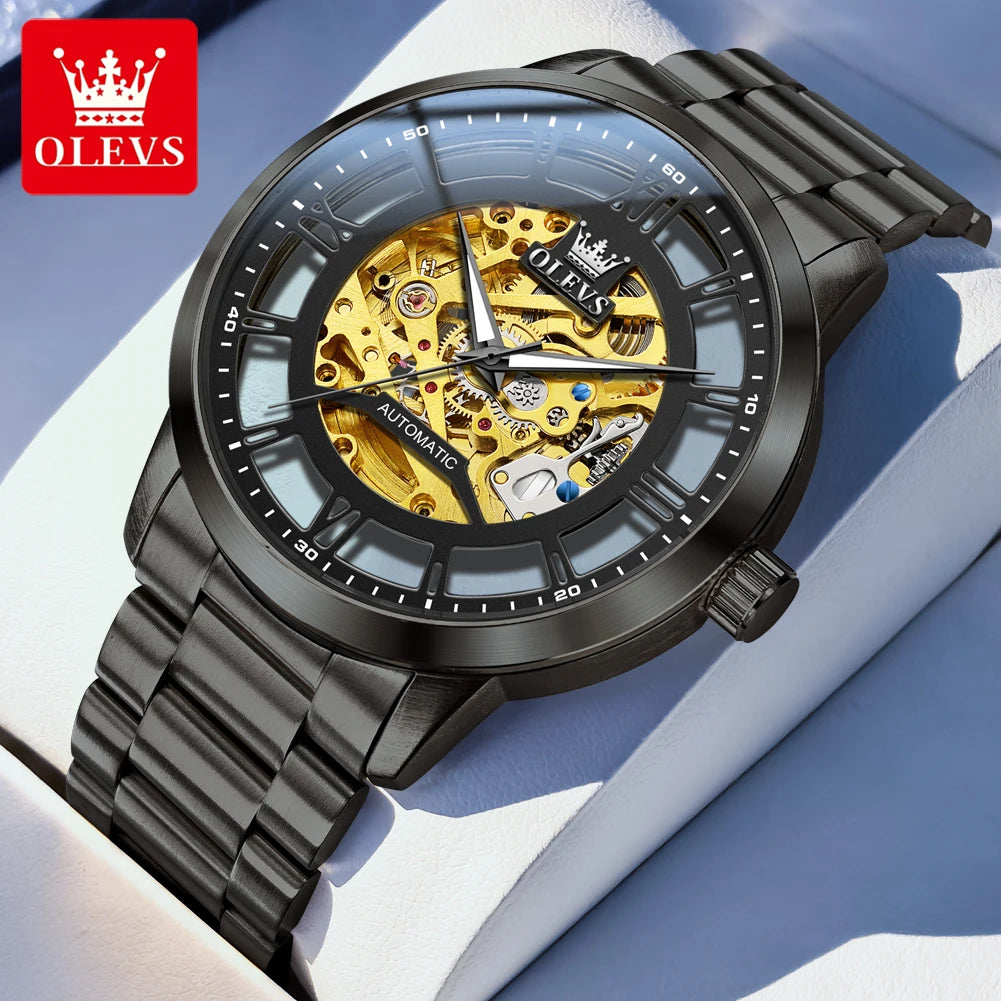 OLEVS Men Gold watch Skeleton Luxury Watch automatic mechanical Classic Wristwatches For Men Waterproof High Quality 6728