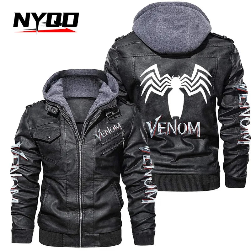 hood Leather Jacket Streetwear Biker Coat Slim Fit Autumn Winter Coat Men Fur Lined Men Motorcycle Jacket Fashion Men Jacket