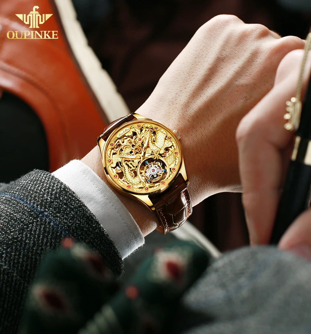 OUPINKE 3176 Top Brand Tourbillon Watch for Men Original Leather Strap Golden Dragon Design Automatic Mechanical Movement Watch