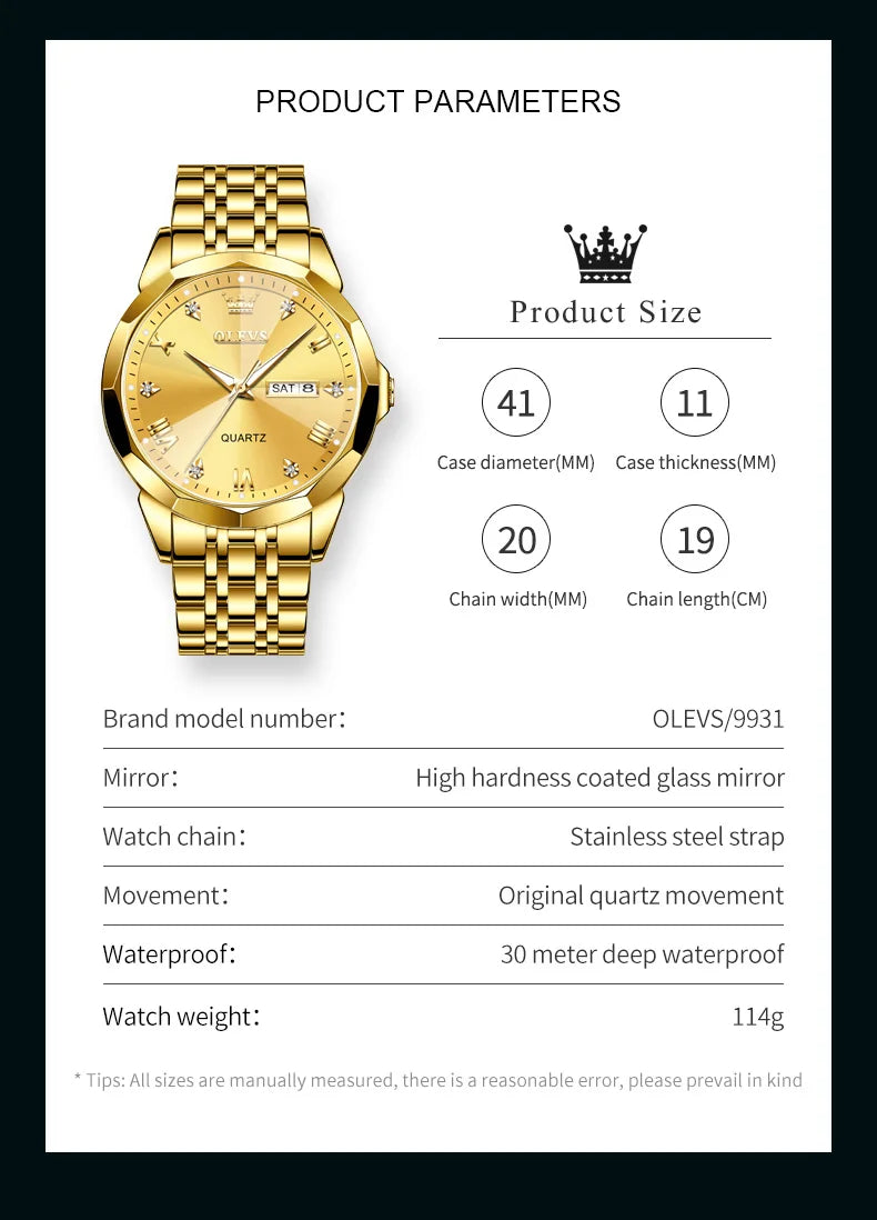 OLEVS New Watch for Men Original Quartz Waterproof Male Wristwatch Gold Stainless Steel Strap High-end Luxury Man Watch Clock