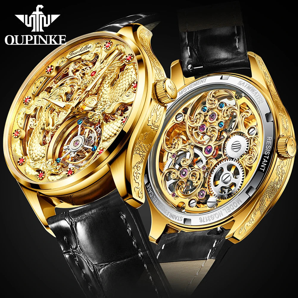 OUPINKE 3176 Top Brand Tourbillon Watch for Men Original Leather Strap Golden Dragon Design Automatic Mechanical Movement Watch