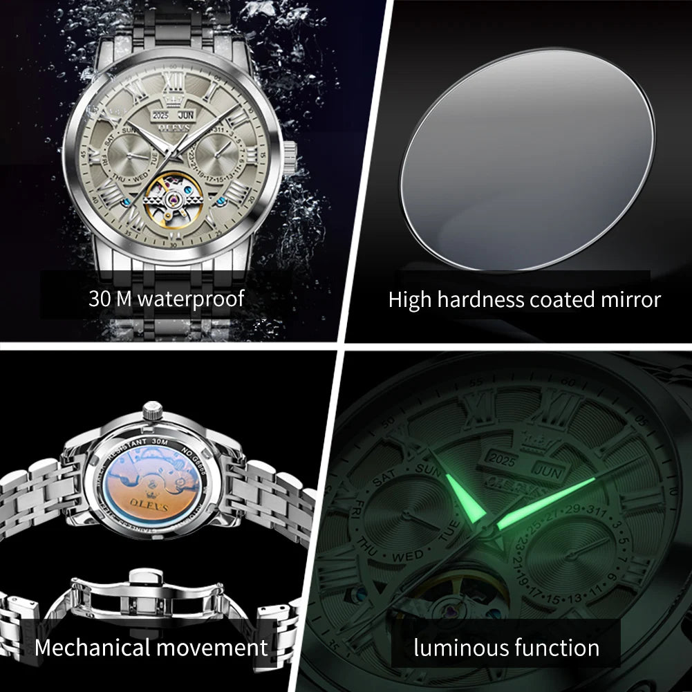 OLEVS 6668 Luxury Skeleton Automatic Mechanical Men Watch Top Brand Movement Roman Scale Calendar Waterproof Business Men Watch