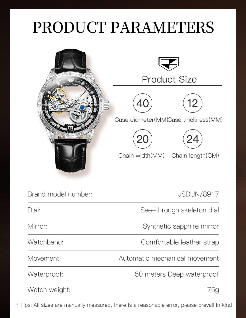 JSDUN 8917 Mens Watch Leather Strap Original Business Multifunctional Mechanical Watch﻿ Waterproof Watches For Man Gifts