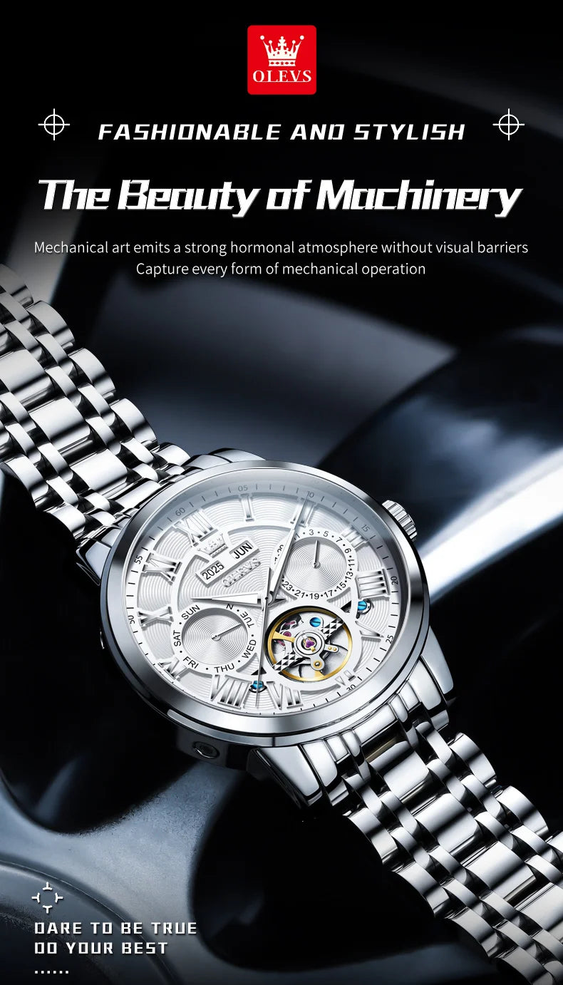 OLEVS 6668 Luxury Skeleton Automatic Mechanical Men Watch Top Brand Movement Roman Scale Calendar Waterproof Business Men Watch