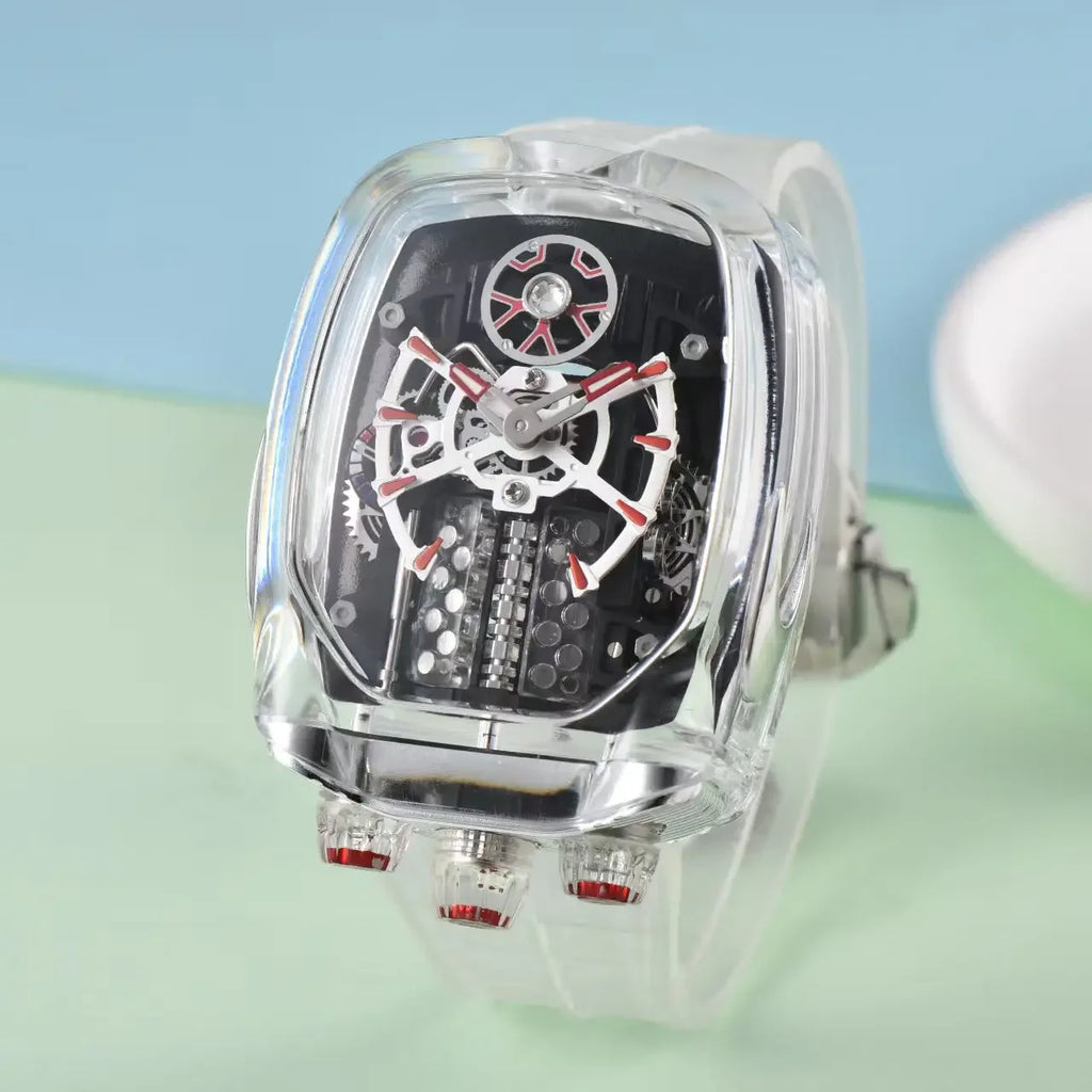 2025 new transparent waterproof men's quartz watch, unique hollow wine barrel shaped leisure watch