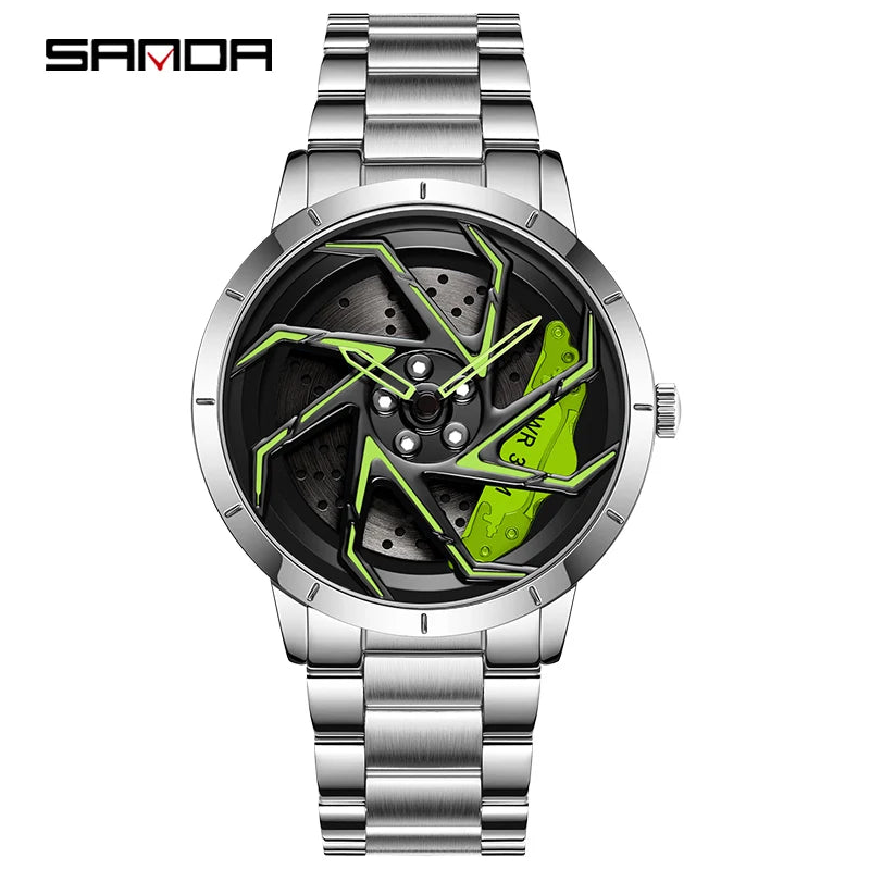 SANDA P1088 Hot Sell New Stainless Steel Band Watch Premium Quartz Movement Shaped 360 Rotating Car Wheel Dial Relogio Masculino