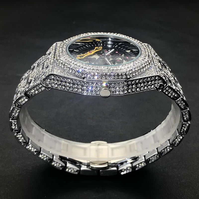 Automatic Watch For Men Luxury Full Ice Out  Hip Hop Tourbillon Watches Bling Diamond Gold Male Mechanical Clock Dropshipping