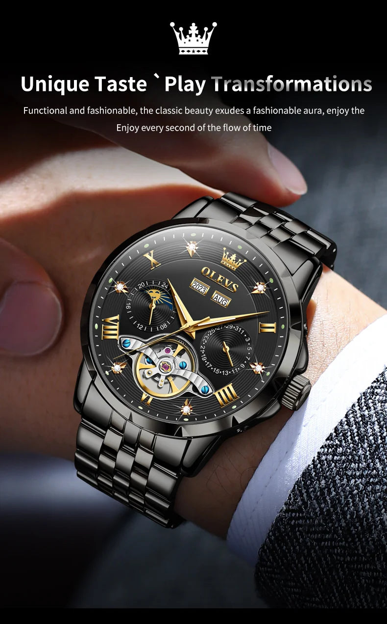 OLEVS Skeleton Multifunctional Men's Watch Automatic Mechanical Luxury Wrist Watch For Men Waterproof Stainless Steel Strap 6691