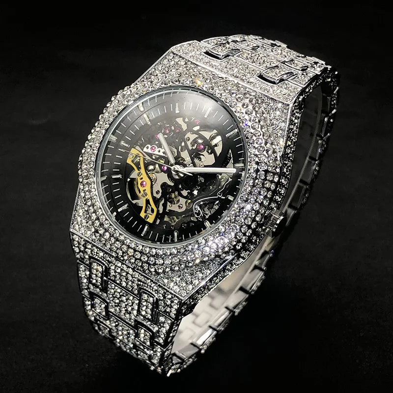 Automatic Watch For Men Luxury Full Ice Out  Hip Hop Tourbillon Watches Bling Diamond Gold Male Mechanical Clock Dropshipping