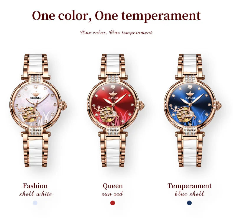 OUPINKE 3211 Women's Watch Elegant Rose Gold Diamond Ceramic Automatic Machinery Women's Watch Luxury Brand Women's Bracelet Set