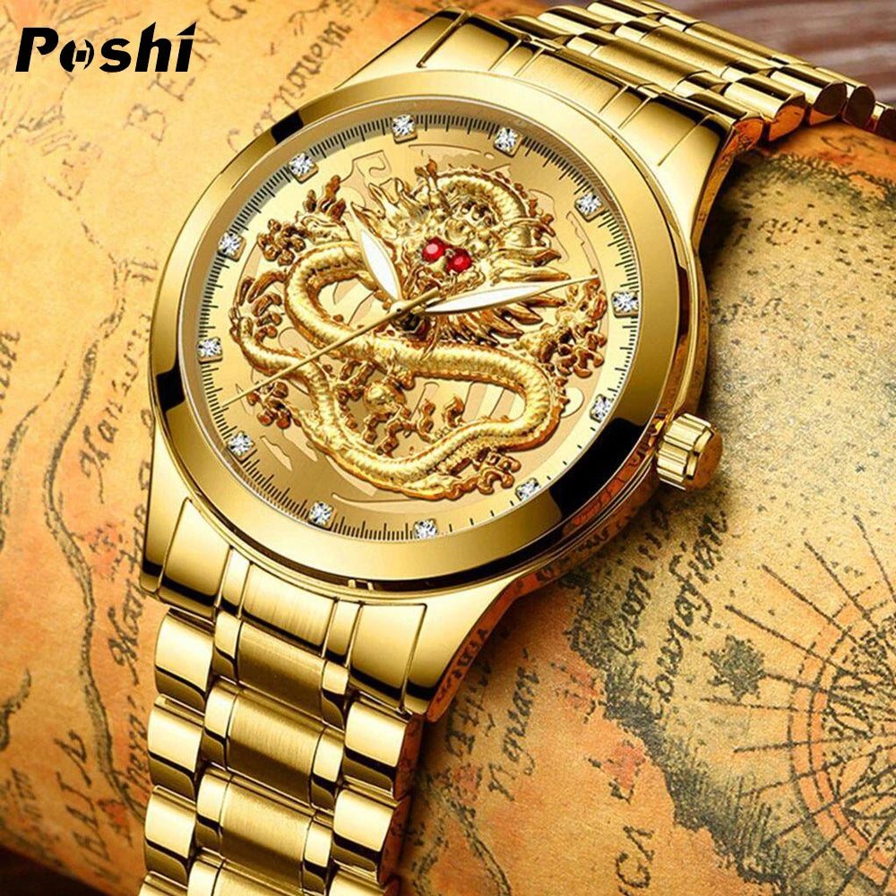 POSHI Stainless Steel Fashion Quartz Watch Gold Dragon Men's Watches Luxury Original Design Waterproof Quartz Movement Clock