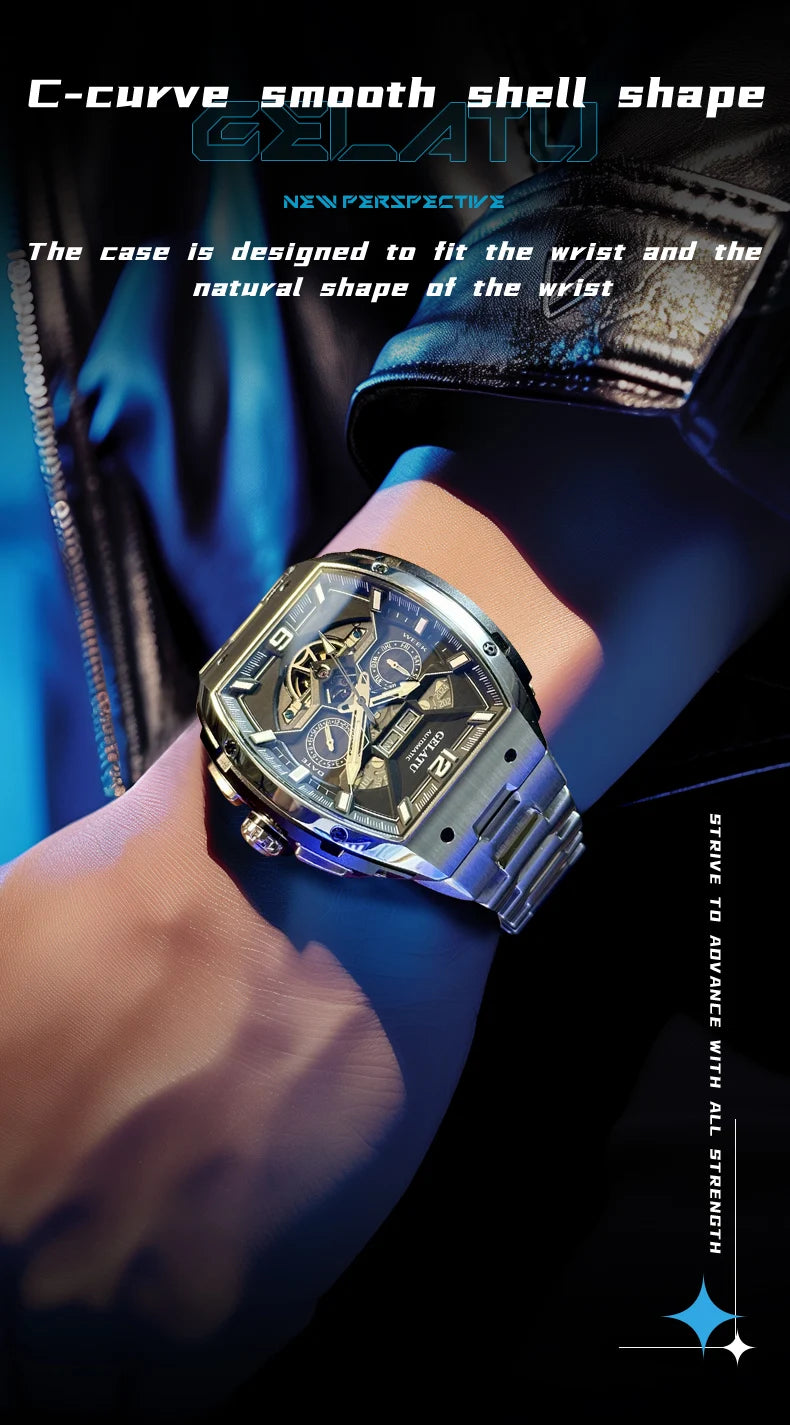 GELATU 6013 Luxury Men Hollow Automatic Mechanical Watch Waterproof Multi functional Original Men Watch Formal Watch Reloj
