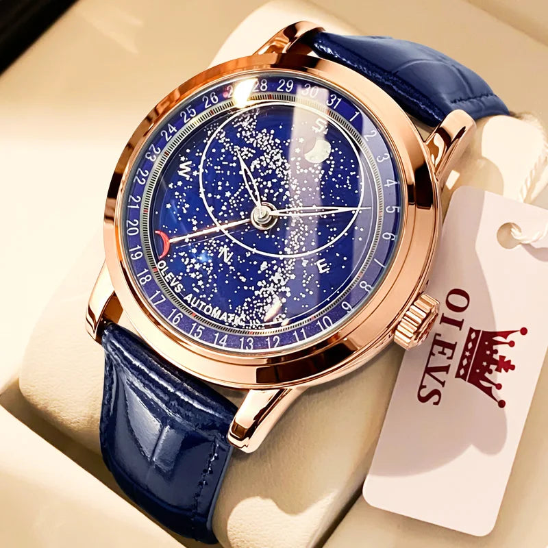 OLEVS 9923 Men's Watches Moon Phase Automatic Mechanical Watch for Man Blue Leather Luxury Dress Waterproof Luminous Wristwatch