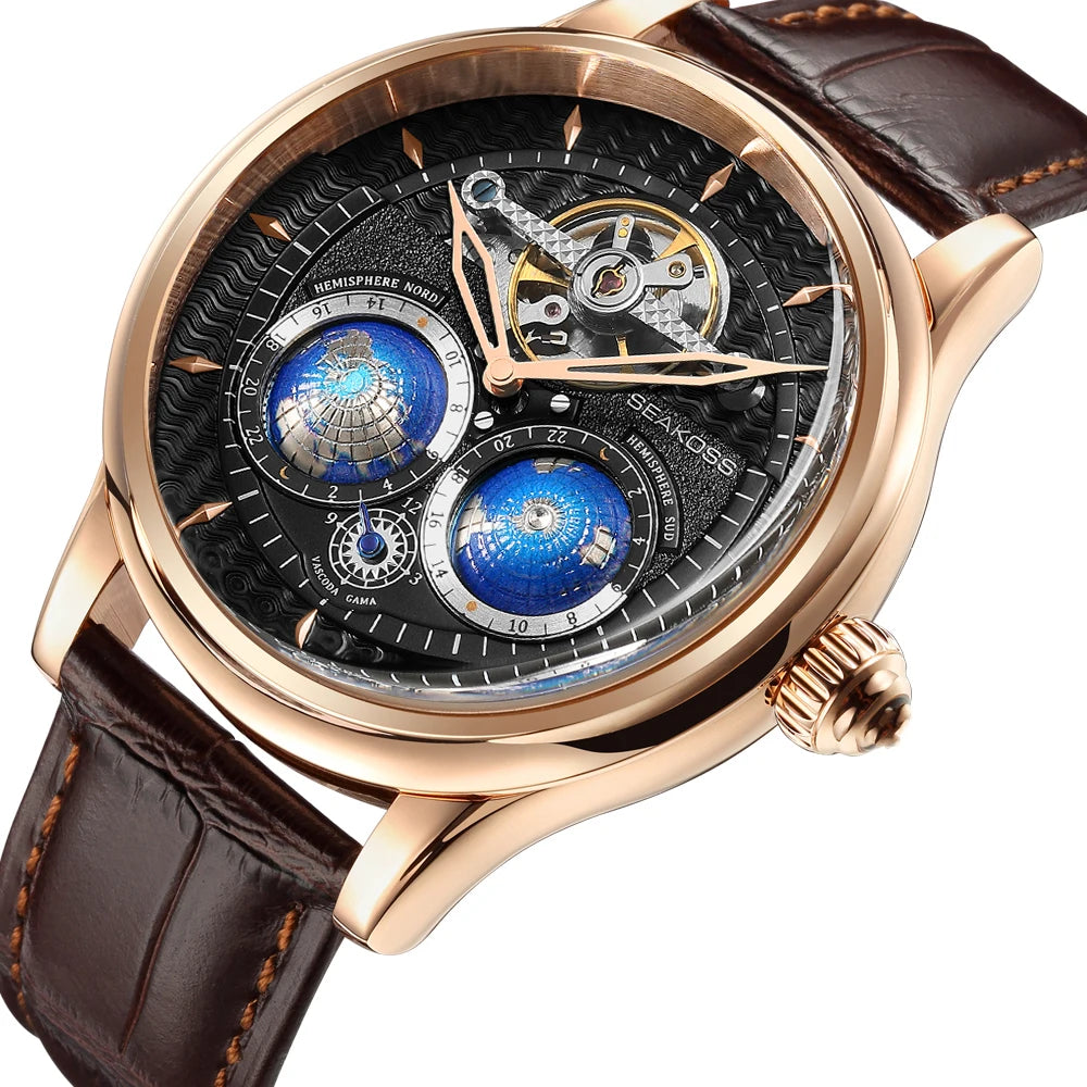 SEAKOSS Luxury Double Earth Rotating Men's Mechanical Watch Automatic Movement Waterproof Clock Pilots Men 1963 Flywheel Watches
