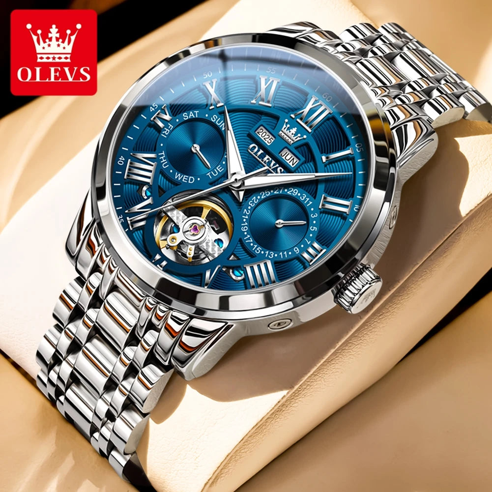 OLEVS 6668 Luxury Skeleton Automatic Mechanical Men Watch Top Brand Movement Roman Scale Calendar Waterproof Business Men Watch