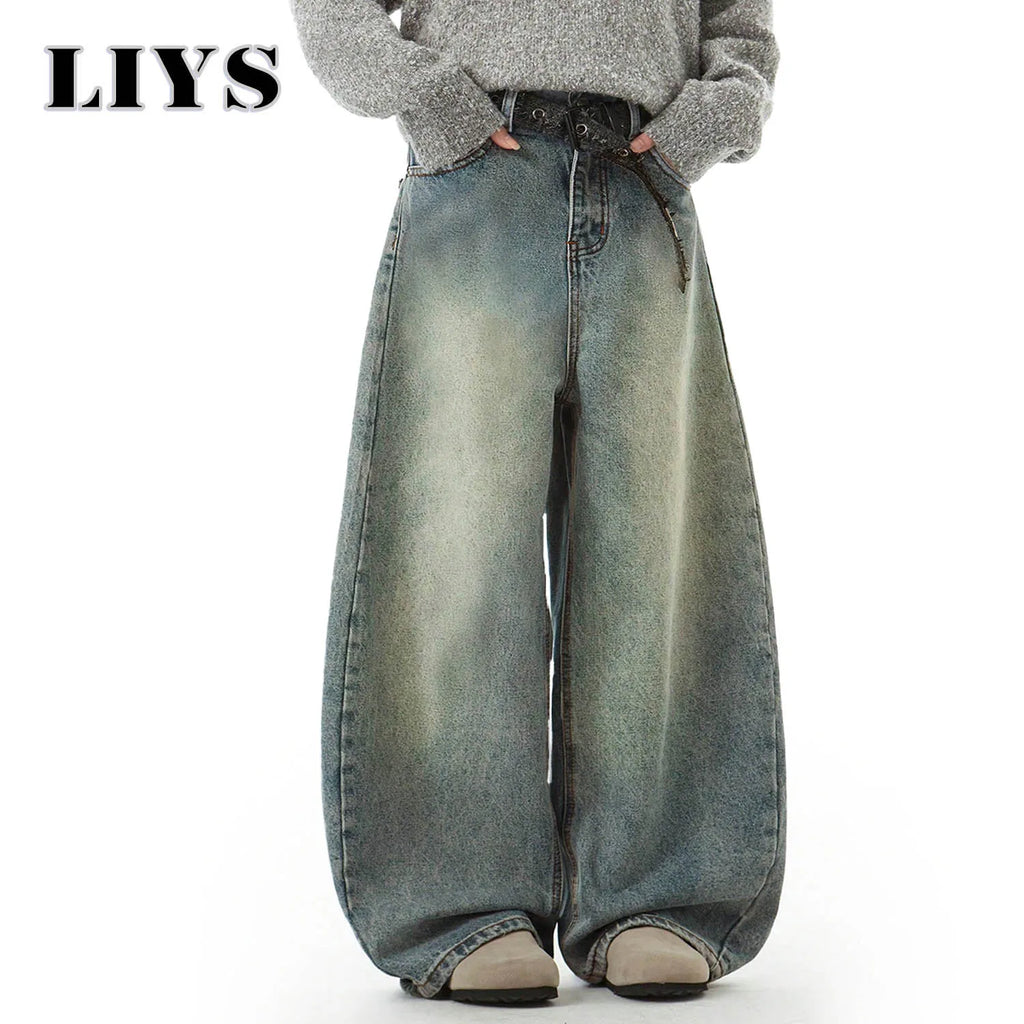 Men's Wear Blue Wide-Leg Denim Pants Baggy Jeans Vintage Three-Dimensional Cut Curved Knife Jeans Loose Fit Summer New Trend
