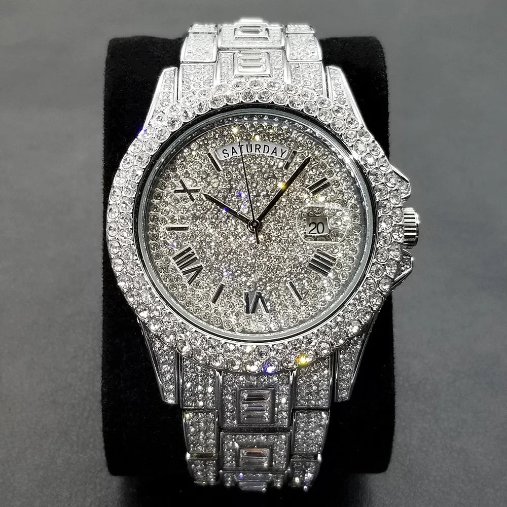 TikTok Hot Diamond Wristwatch For Men Luxury 18K Gold Plated Quartz Watches Day Date Nightclub Party Watch Unisex Rapper Jewelry