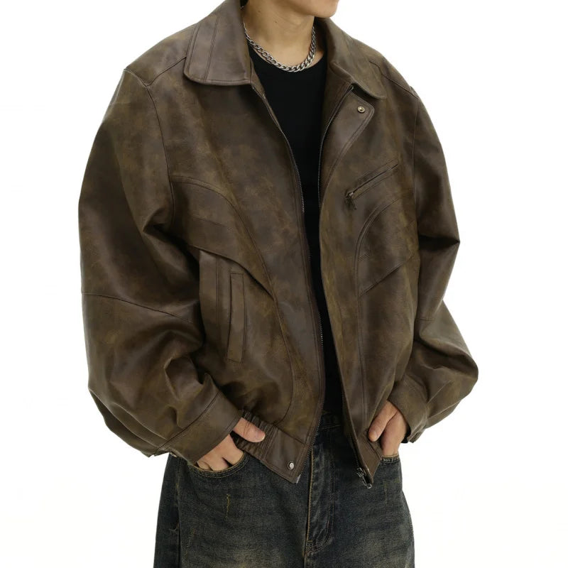 Men's Leather Jacket American style Retro Brown Make old Coat High Street fashion Casual Baggy Polo collar Jacket for men