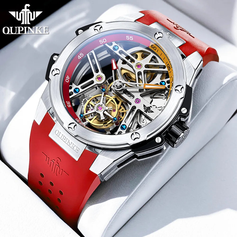 OUPINKE 8003 Tourbillon Watch Top Luxury Brand Men Fully Automatic Mechanical Watch Waterproof Silicone Strap Original Men Gifts