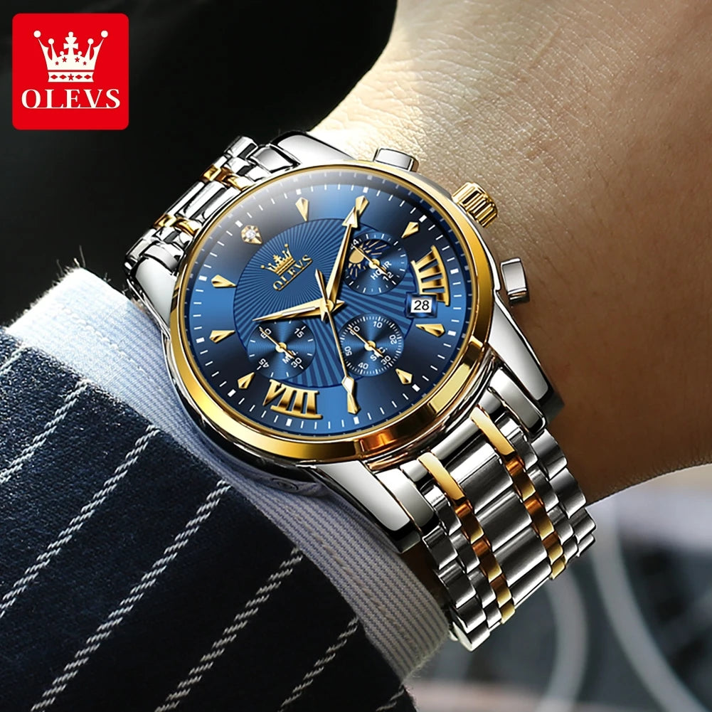 OLEVS 2892 Mens Watch Original Brand Quartz Watch Stainless Steel Moon Phase Watches For Men Chronograph Watch With Box Reloj