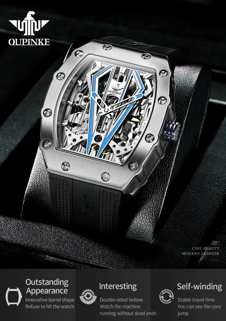 OUPINKE 3179 Men's Watches Top Brand Skeleton Tonneau Automatic Mechanical Luxury Original Watch for Men 5m Waterproof Man Watch