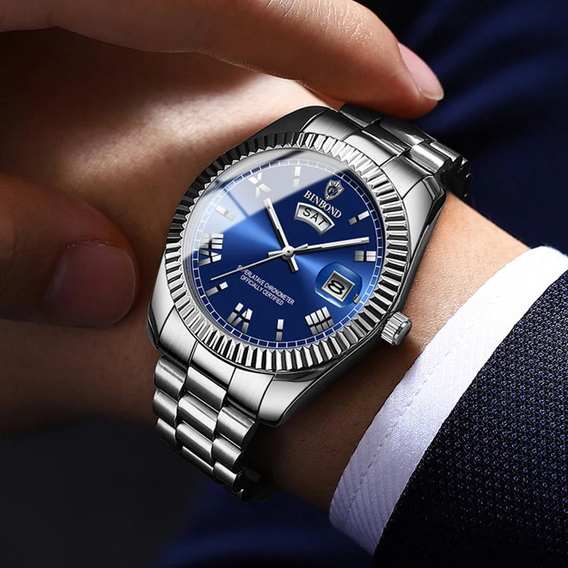 2025 New Men Business Watches Fashion Arabic Dial Steel Band Male's Luminous Waterproof Quartz Watch Set(Gift box regulator Box）