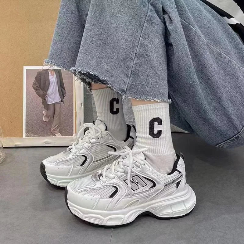 2025  Women's Dad Sneakers, Color-Block Thick-Sole Breathable White Sports Shoes, Casual Running