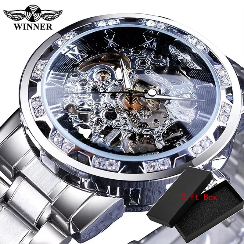 Winner Transparent Fashion Diamond Luminous Gear Movement Royal Design Men Top Brand Luxury Male Mechanical Skeleton Wrist Watch