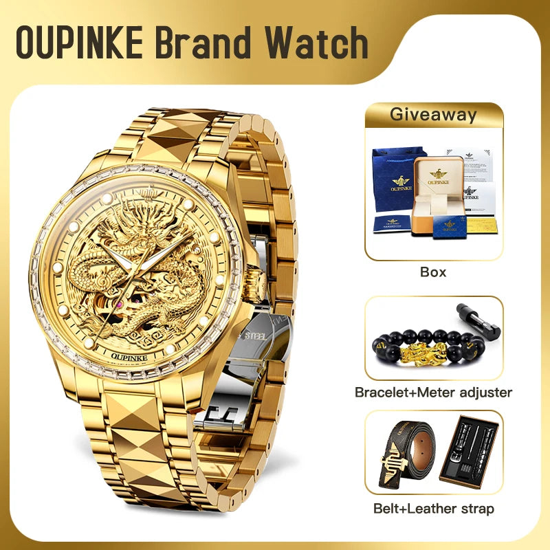 ﻿ OUPINKE 3276 Mens Watch Original luxury Brand Automatic Mechanical Watch﻿ Dragon Dial Watch For Men Moon Phase Watch Mens Gift